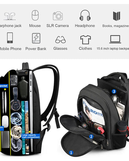 Schwarz Rucksack Herren - Diebstahlschutz Laptopfach