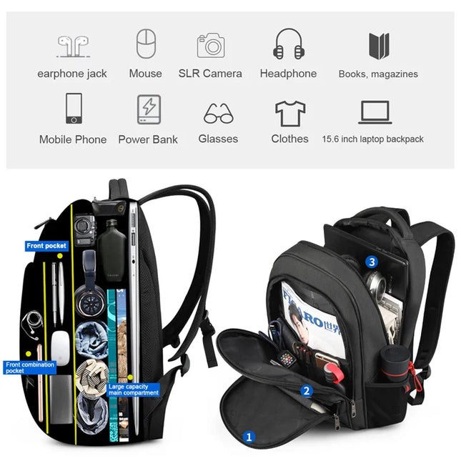 Schwarz Rucksack Herren - Diebstahlschutz Laptopfach
