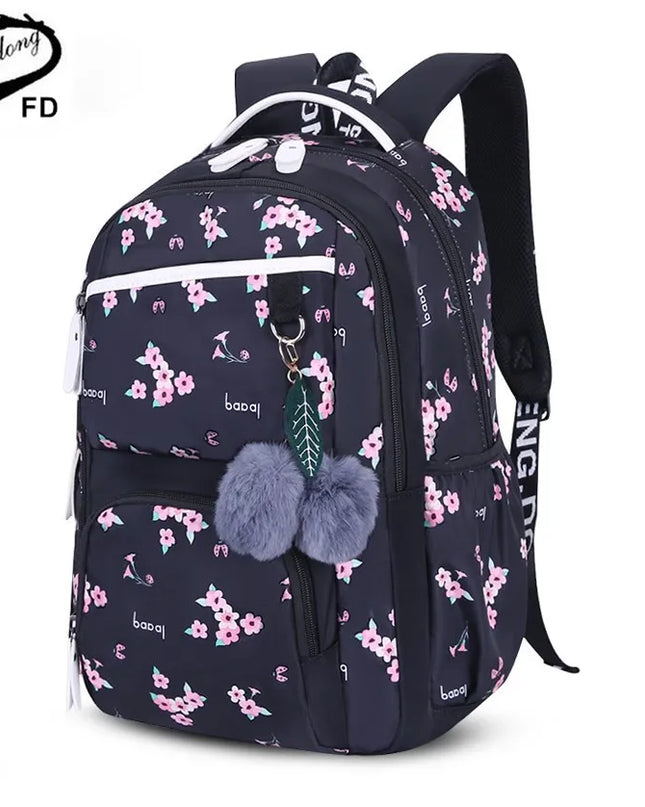 Schwarzer Rucksack mit Blumenmuster Grundschule - aus Nylon