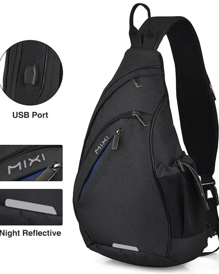 Schwarze Umhängetasche mit USB-Anschluss - Reflektierend