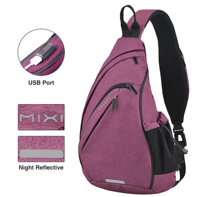 Lila Sling Bag mit USB-Anschluss - Reflektierender Streifen