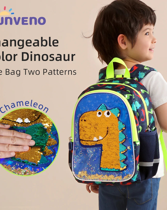 Blauer Kita Rucksack mit Wendepailletten Dinosaurier