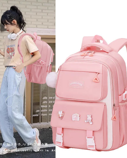 Rosa-weißer Rucksack mit Tier-Ansteckern Grundschule - Nylon