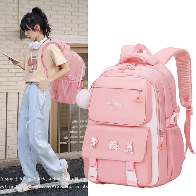 Rosa-weißer Rucksack mit Tier-Ansteckern Grundschule - Nylon