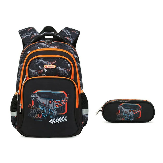 Schwarzes Rucksack-Set mit Dinosaurier - Oxford-Stoff