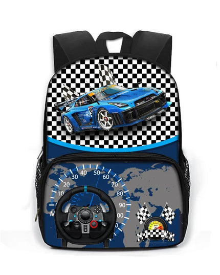 Rucksack Grundschule Junge Rennwagen - Blau Kariert