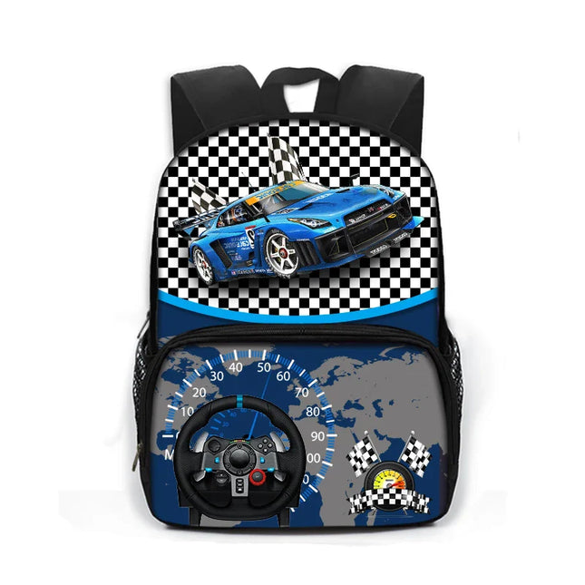 Rucksack Grundschule Junge Rennwagen - Blau Kariert