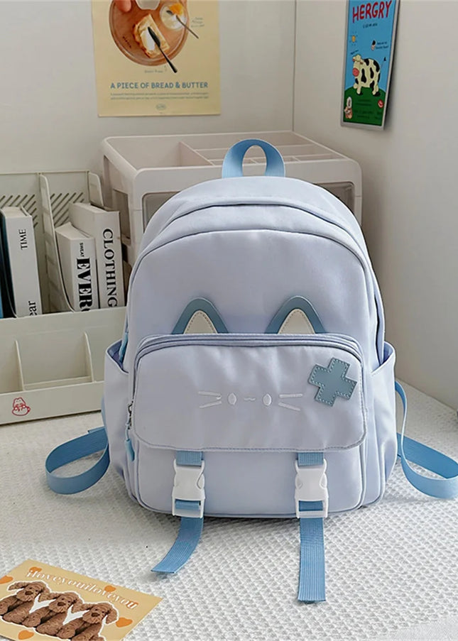 Hellblauer Kita Rucksack mit Katzenohren - Denim, Nylon