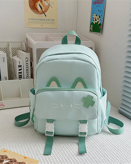 Hellgrüner Kita Rucksack mit Katzenmotiv - aus Denim