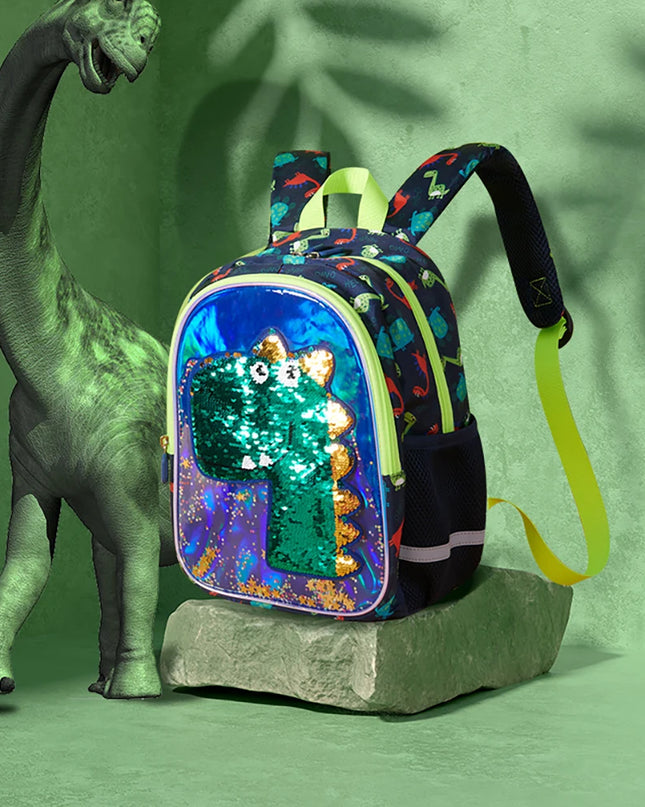 Blauer Kita Rucksack mit Wendepailletten Dinosaurier