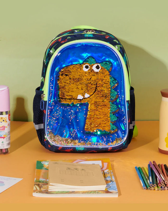 Blauer Kita Rucksack mit Wendepailletten Dinosaurier