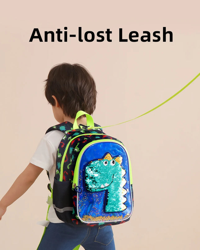Blauer Kita Rucksack mit Wendepailletten Dinosaurier