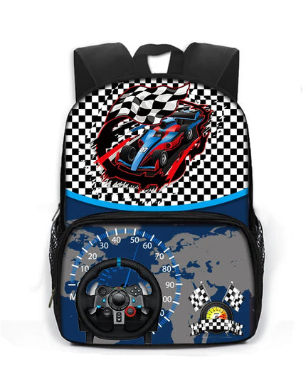 Blauer Rucksack Rennwagen Grundschule - Polyester kariert