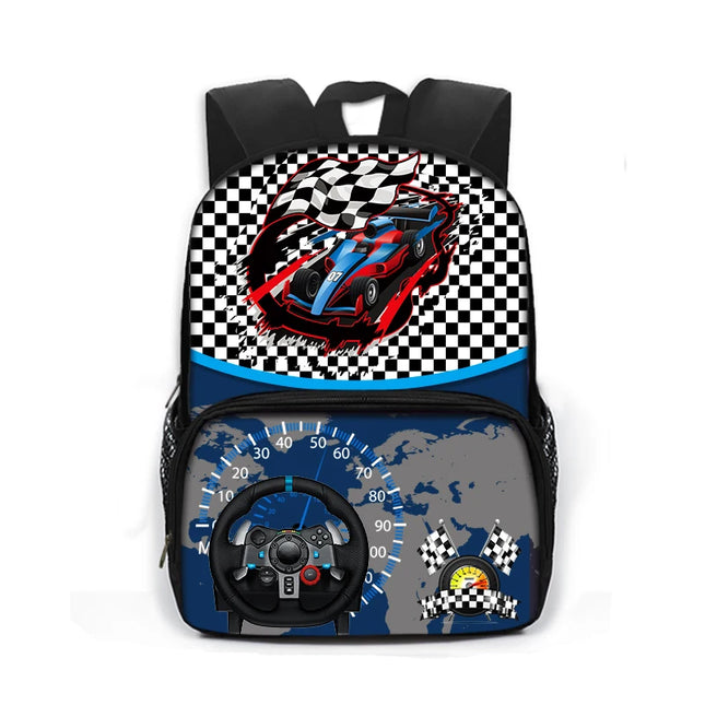 Blauer Rucksack Rennwagen Grundschule - Polyester kariert
