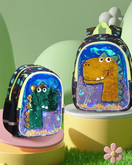 Blauer Kita Rucksack mit Wendepailletten Dinosaurier
