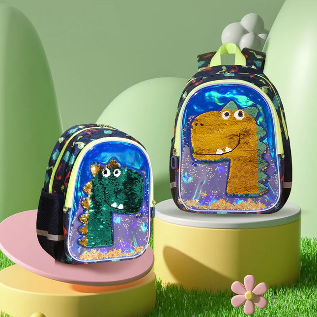 Blauer Kita Rucksack mit Wendepailletten Dinosaurier