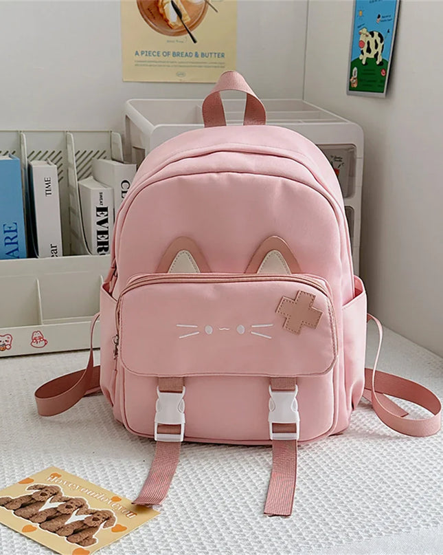 Rosa Kita Rucksack mit Katzenohren - Denim Nylon