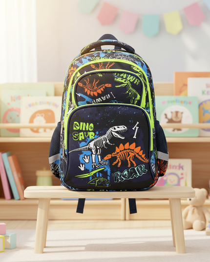 dunkelblauer-rucksack-kindergarten-mit-dinosaurier-skelett - lifestyle
